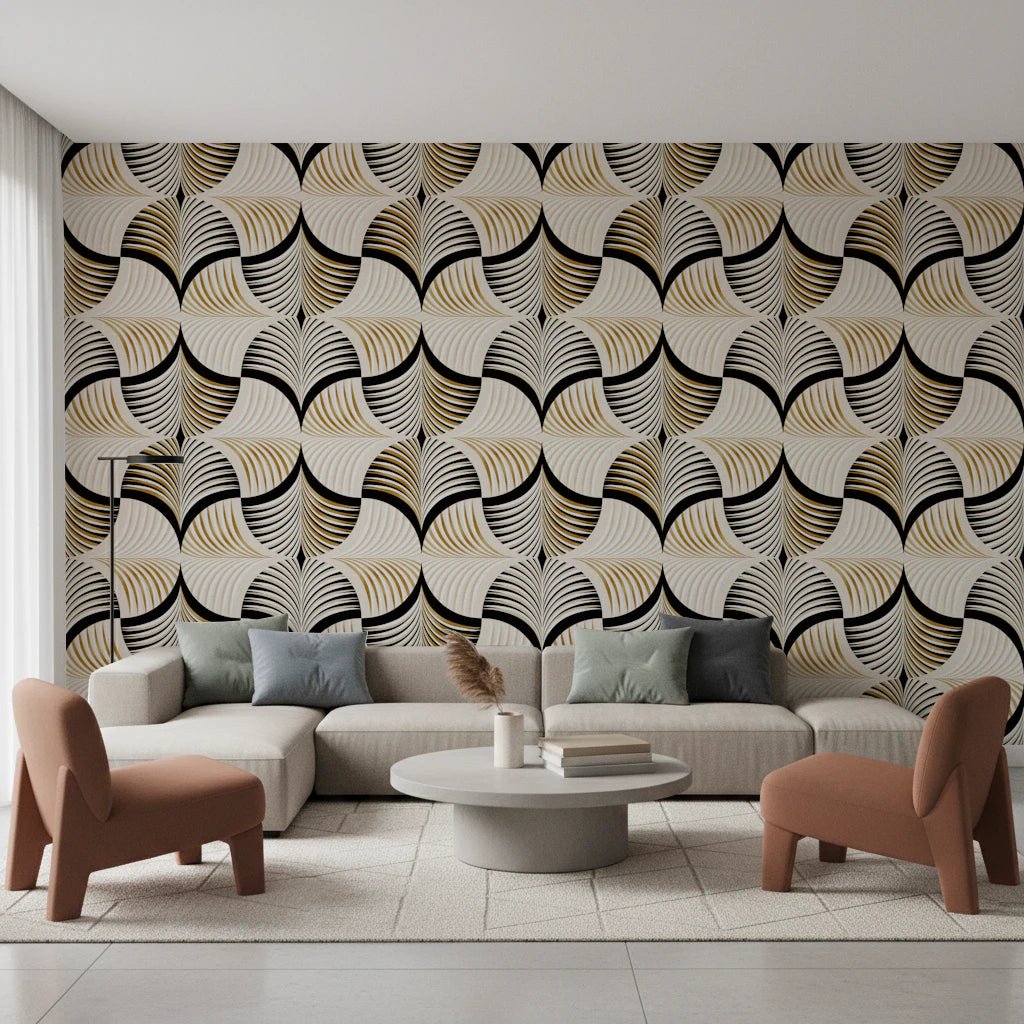 Living room with Art Deco Botanical Palm Fan wallpaper in gold and black