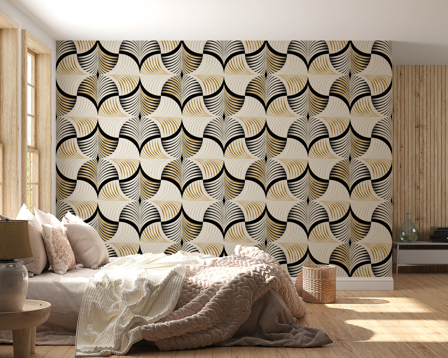 Art Deco Botanical Palm Fan Gold and Black Wallpaper⁠