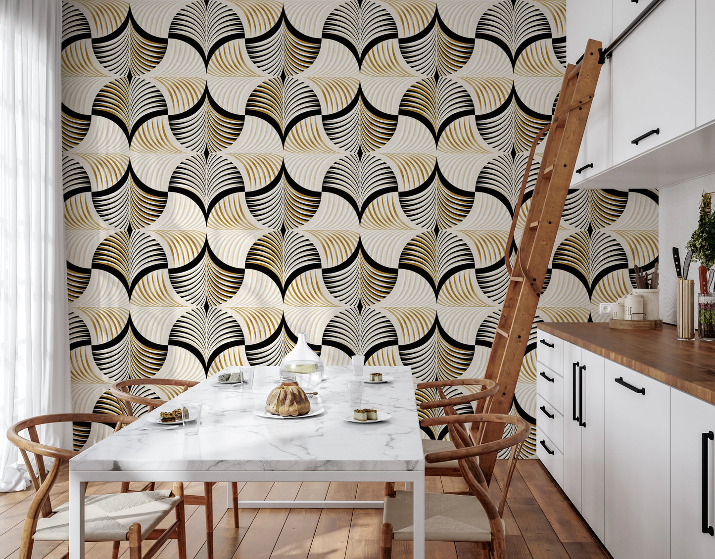 Art Deco Botanical Palm Fan Gold and Black Wallpaper⁠