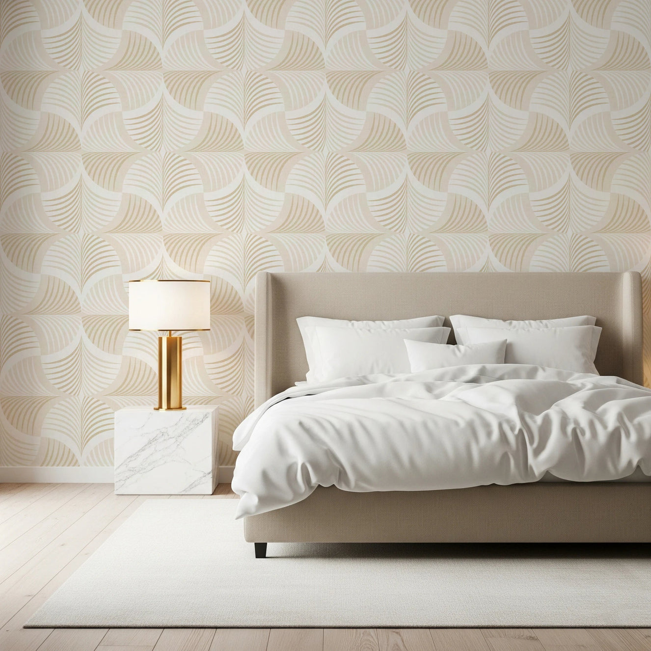 Bedroom styled in Art Deco Botanical Palm Fan wallpaper with curved motifs