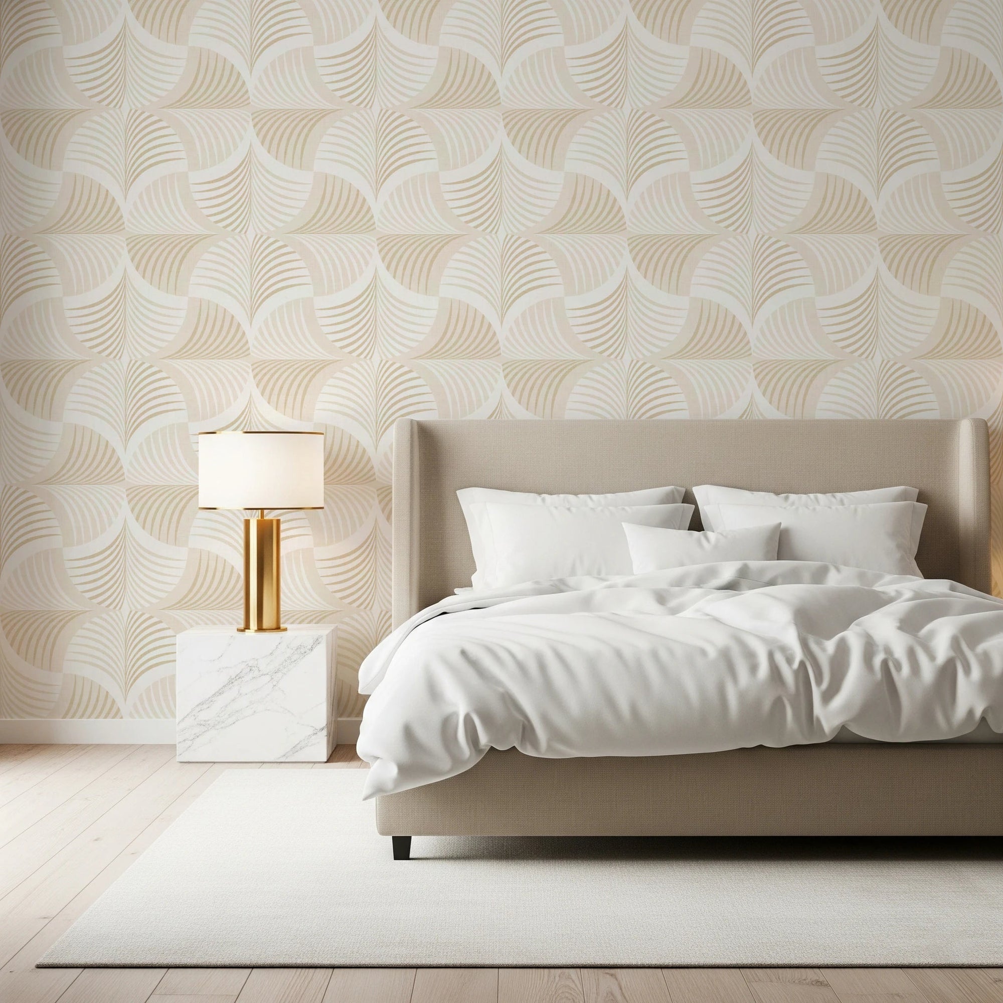 Bedroom styled in Art Deco Botanical Palm Fan wallpaper with curved motifs, GD8100