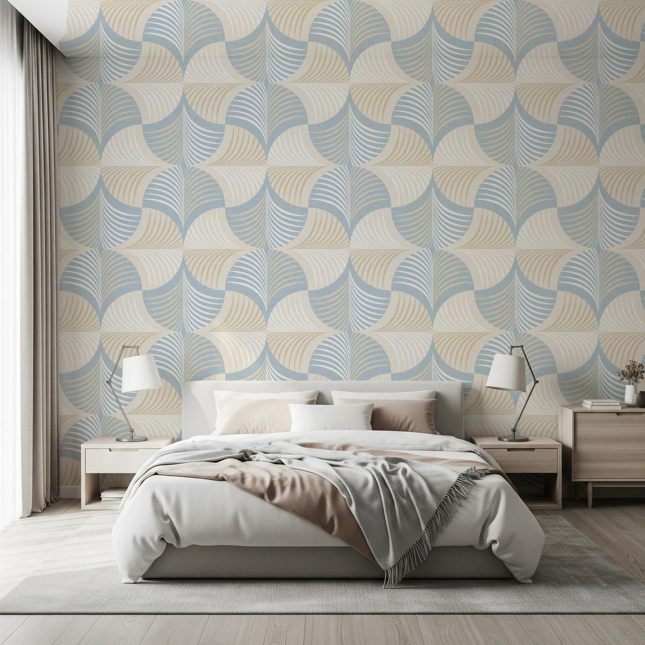 Bedroom styled in Art Deco Botanical Palm Fan wallpaper with curved motifs