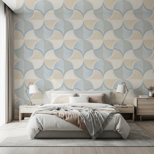 Bedroom styled in Art Deco Botanical Palm Fan wallpaper with curved motifs