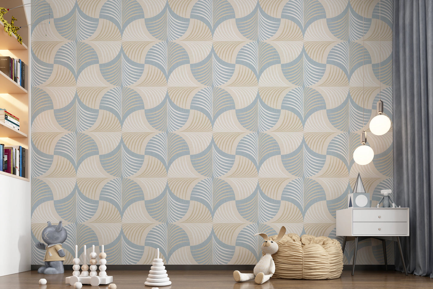 Art Deco Botanical Palm Fan –  White Beige Blue Wallpaper⁠