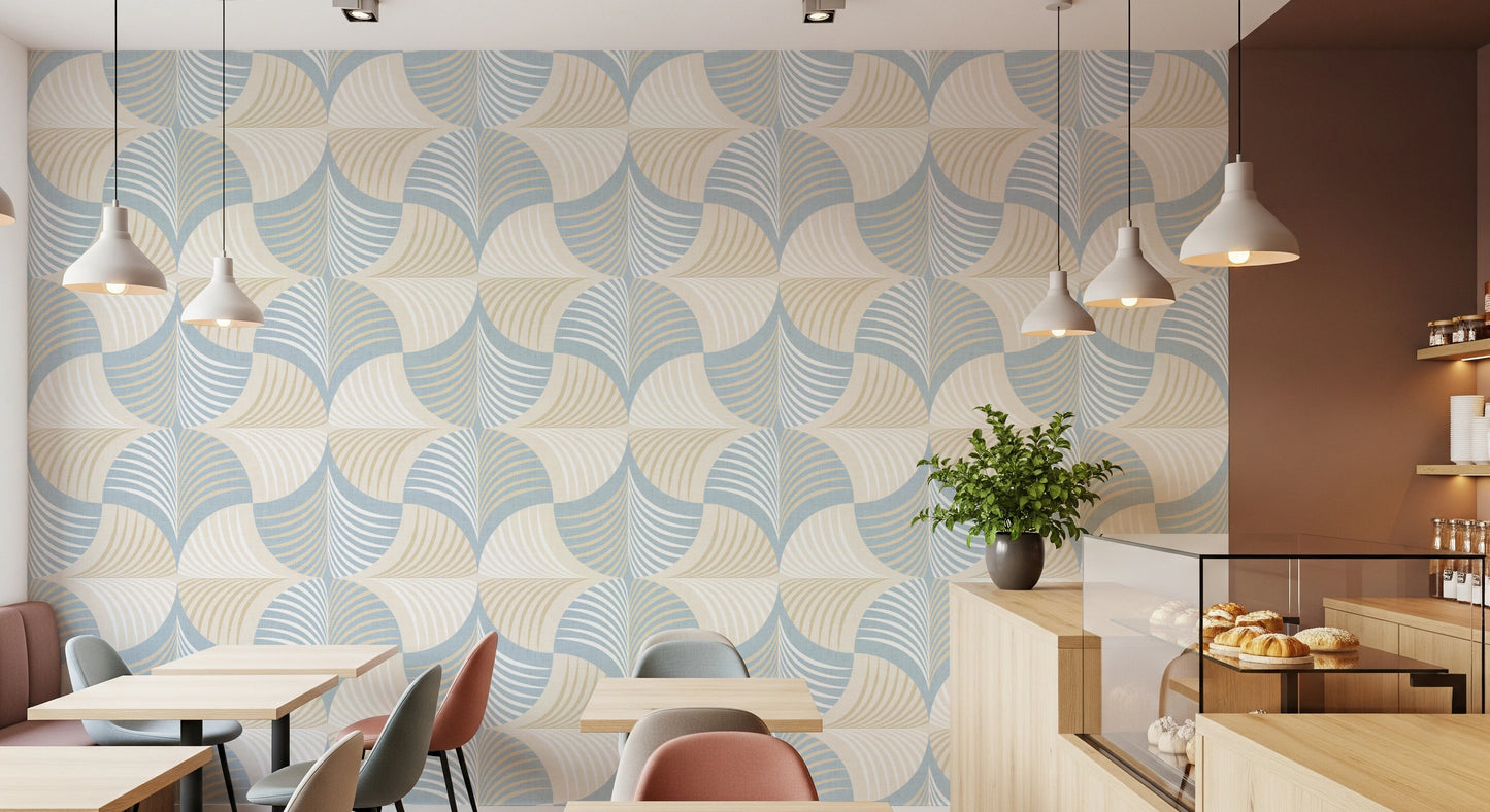 Art Deco Botanical Palm Fan –  White Beige Blue Wallpaper⁠