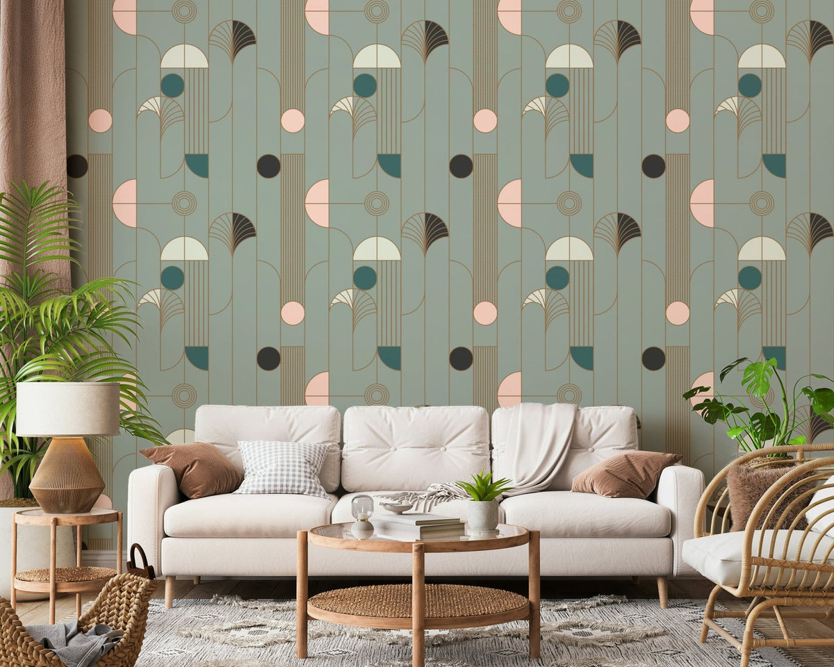 Geometric lines on Art Deco wallpaper in a modern home office., GD7733
