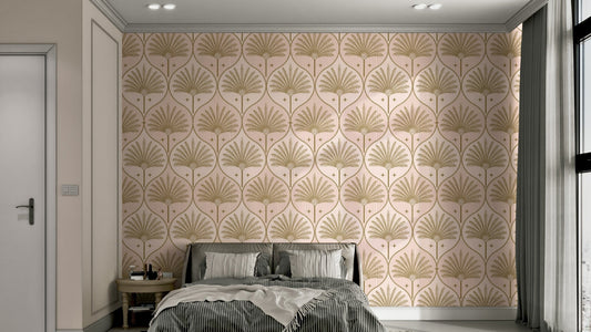 Pink stripes and gold palm motifs on mural
