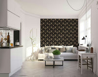 Black and gold wallpaper with fan-shaped patterns

