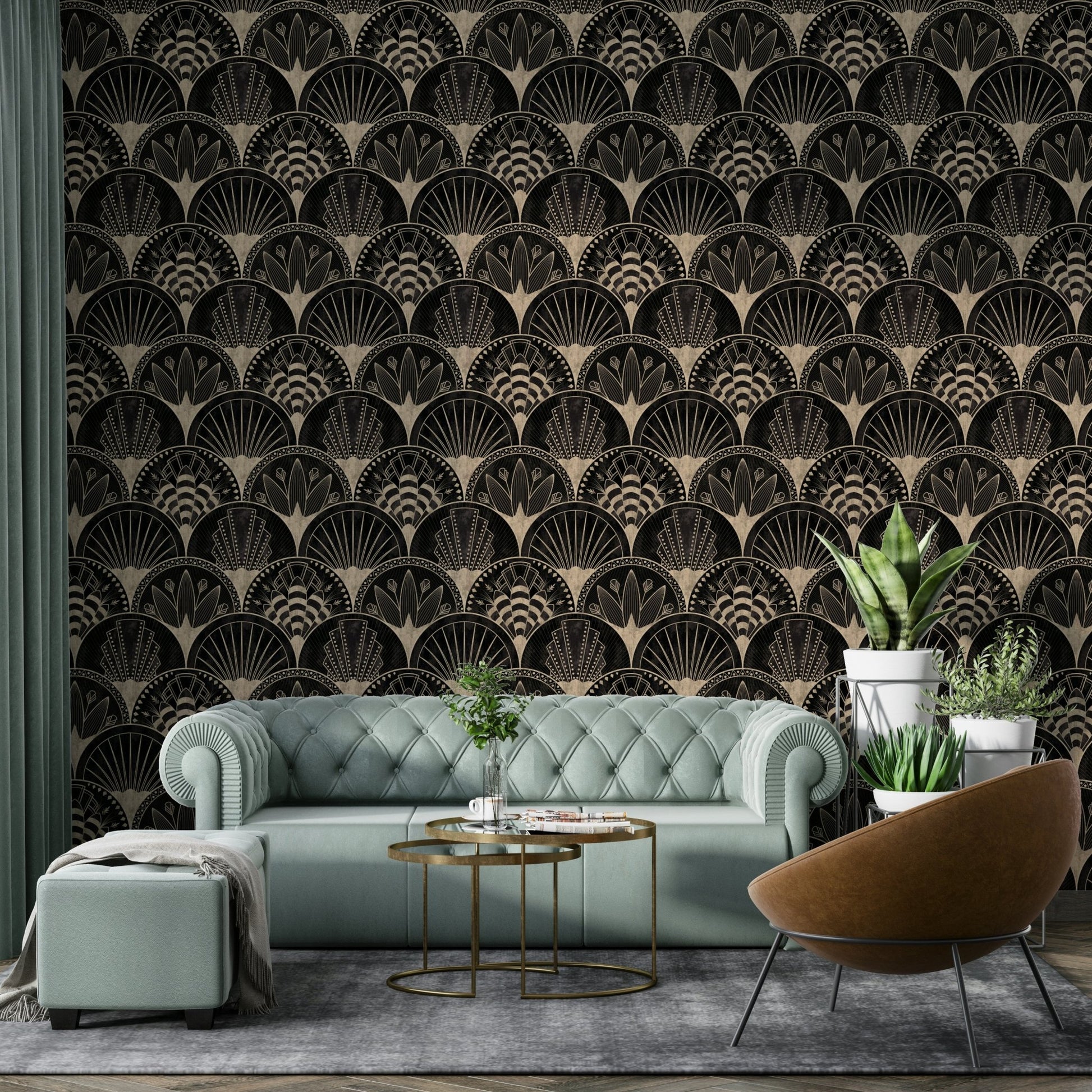 Art Deco golden fans on black wallpaper pattern

