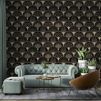 Art Deco golden fans on black wallpaper pattern

