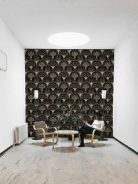 Glam black wallpaper with shimmering gold fans

