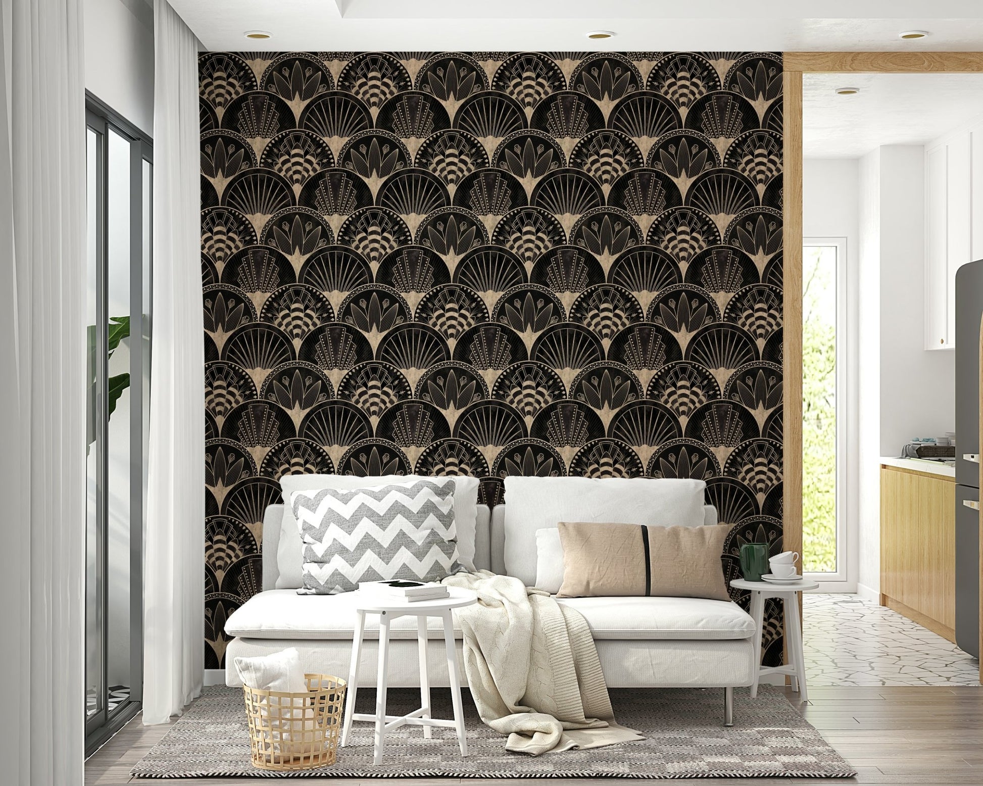 Elegant gold fan motifs on dark backdrop wallpaper

