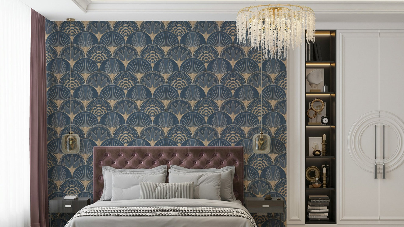 Blue wallpaper with gold fan-shaped Deco motifs

