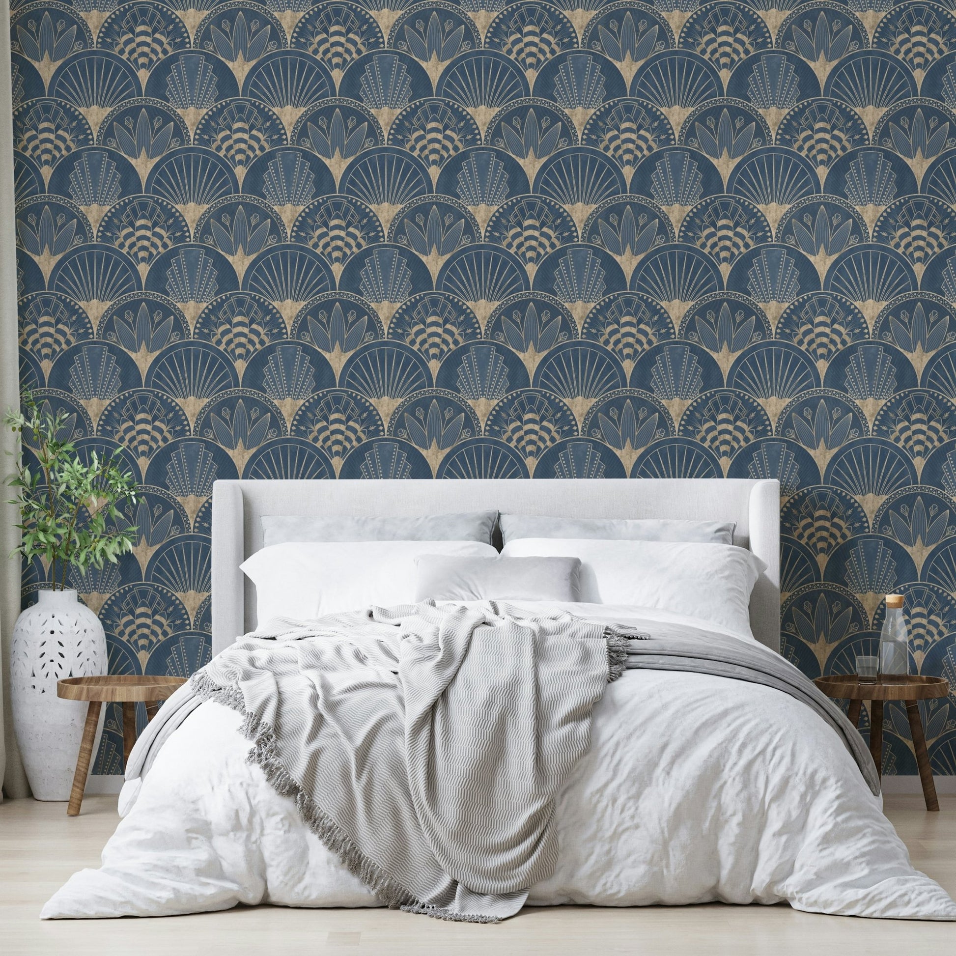 Art Deco golden fans on blue wallpaper design

