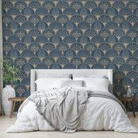Art Deco golden fans on blue wallpaper design

