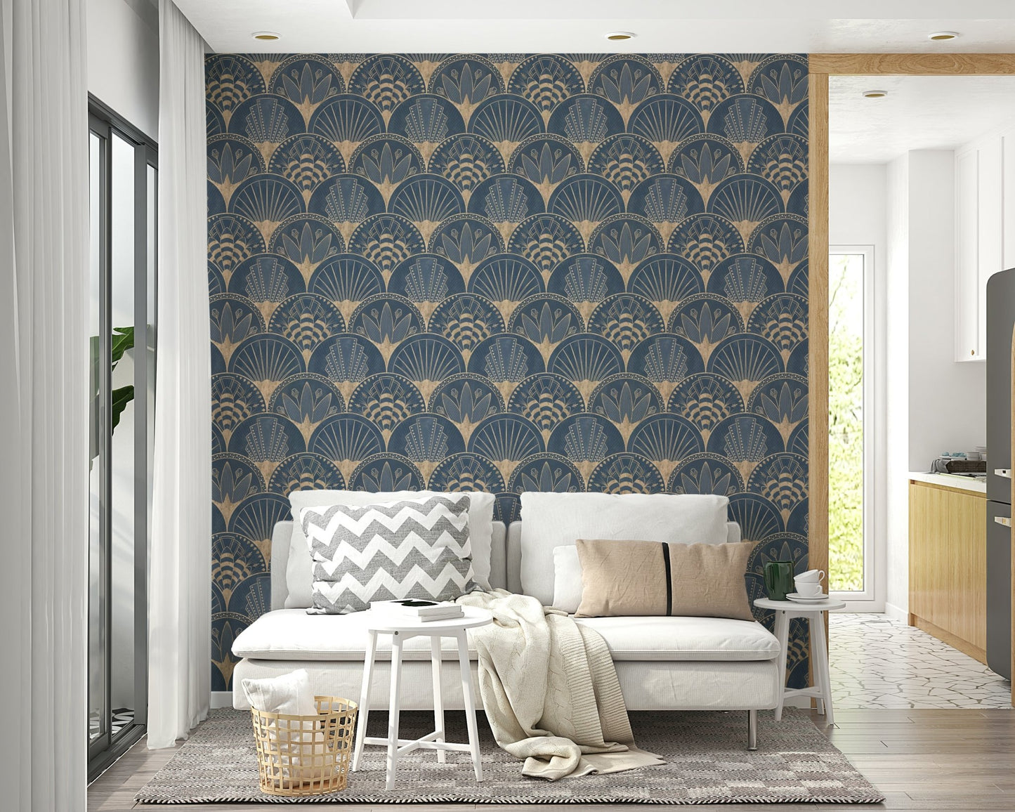 Deep blue wallpaper with golden geometric patterns

