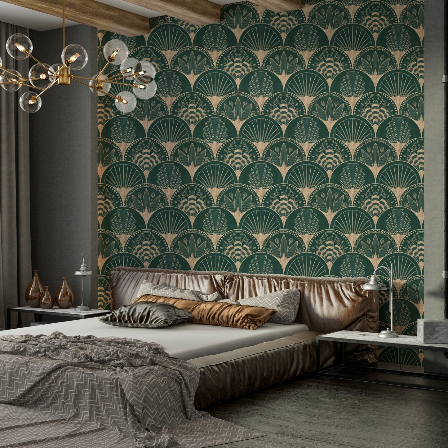 Sophisticated Art Deco wallpaper in golden tones

