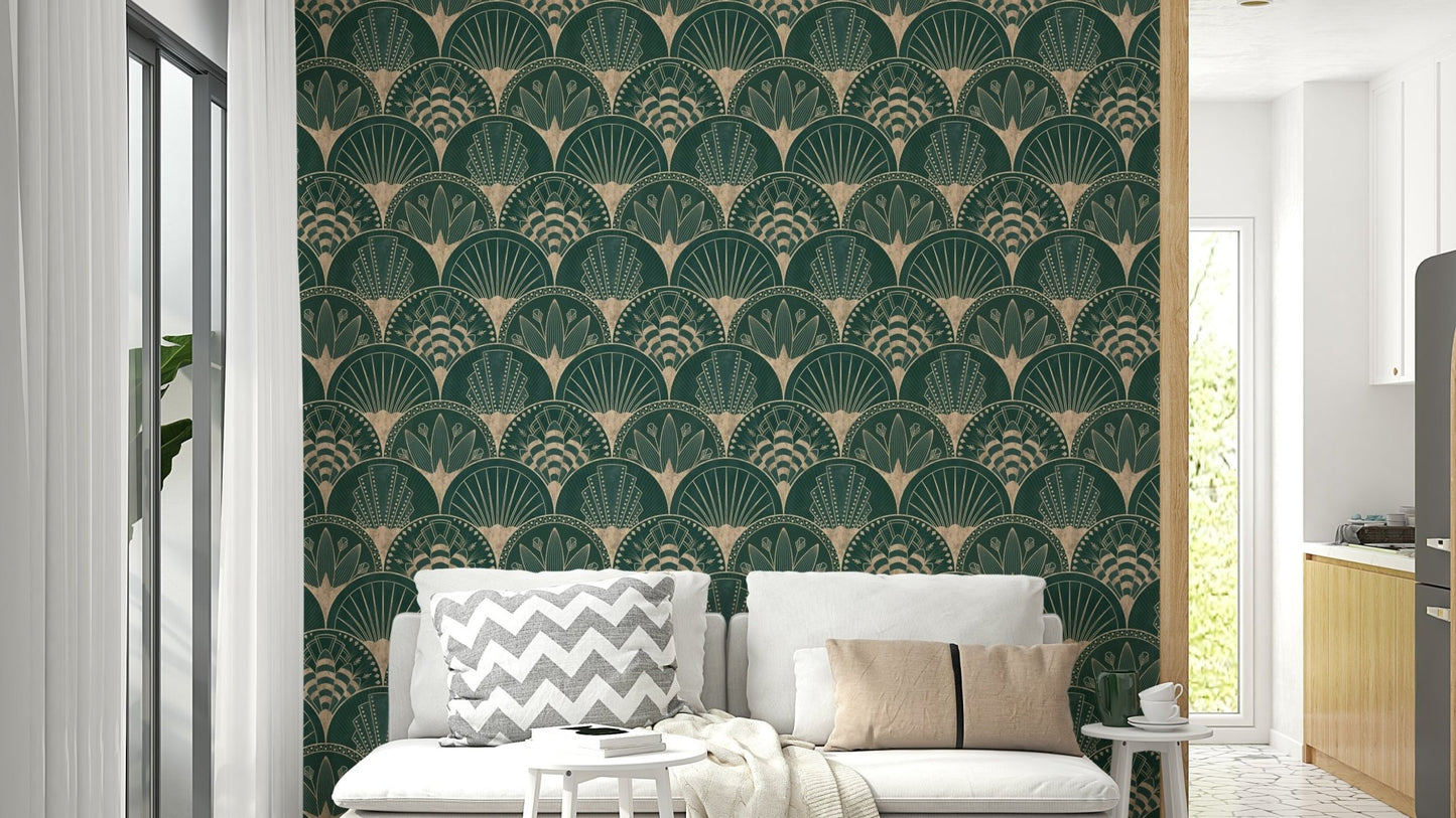 Art Deco Golden Fans Wallpaper with metallic sheen

