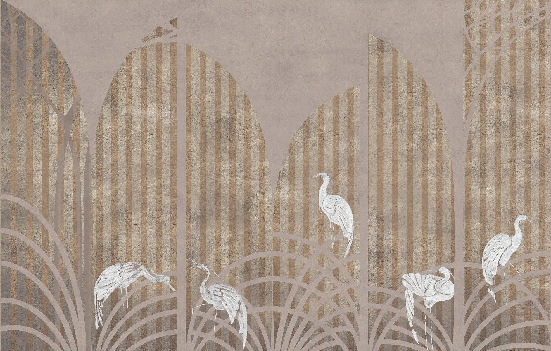 Art Deco Golden Striped Pattern White Crane Wall Mural - Giffywalls A343