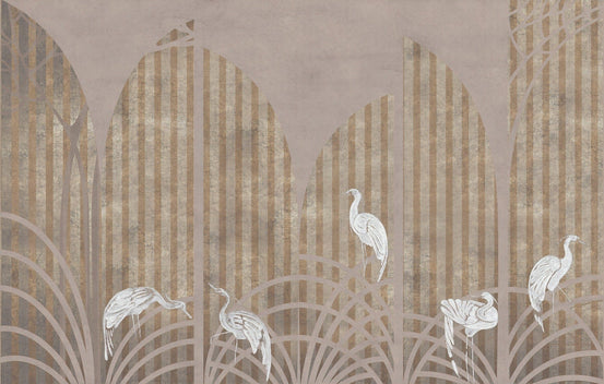 Art Deco Golden Striped Pattern White Crane Wall Mural - Giffywalls A343