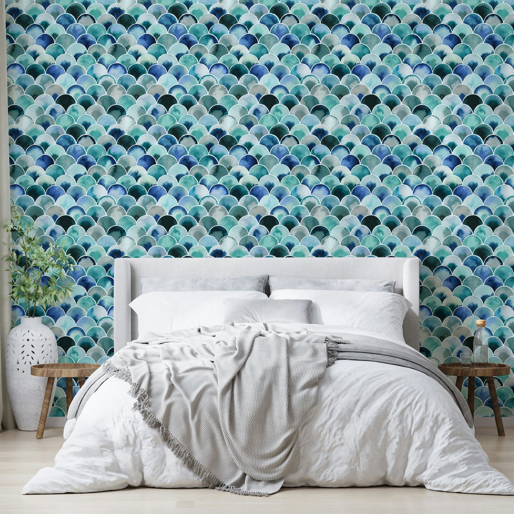 Art deco wave mural in teal tones

