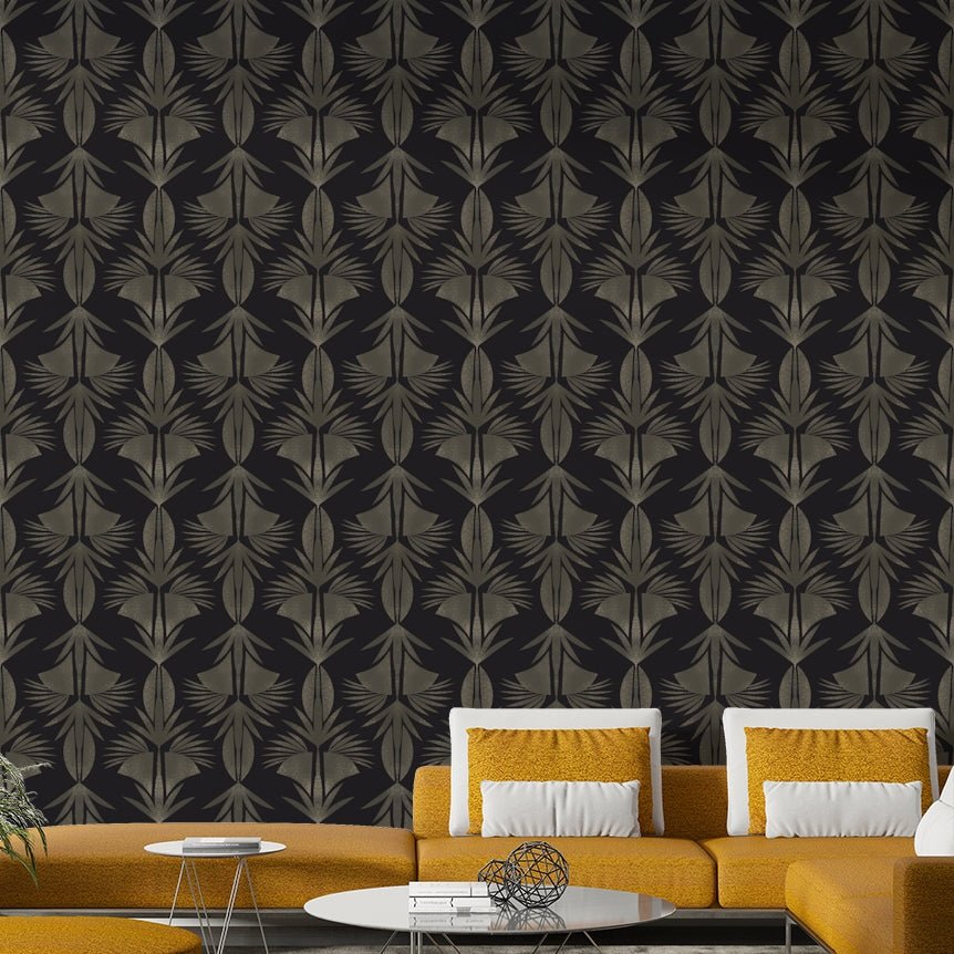 Art Deco Leaf Wallpaper in a dark charcoal textured finish GD5081