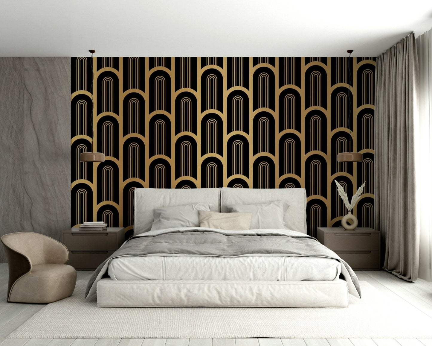 Bold black and gold Art Deco style mural, GD1992