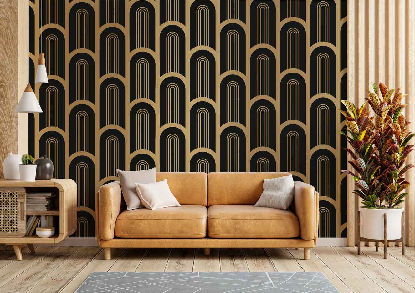 Art Deco wall mural with black and gold columns

