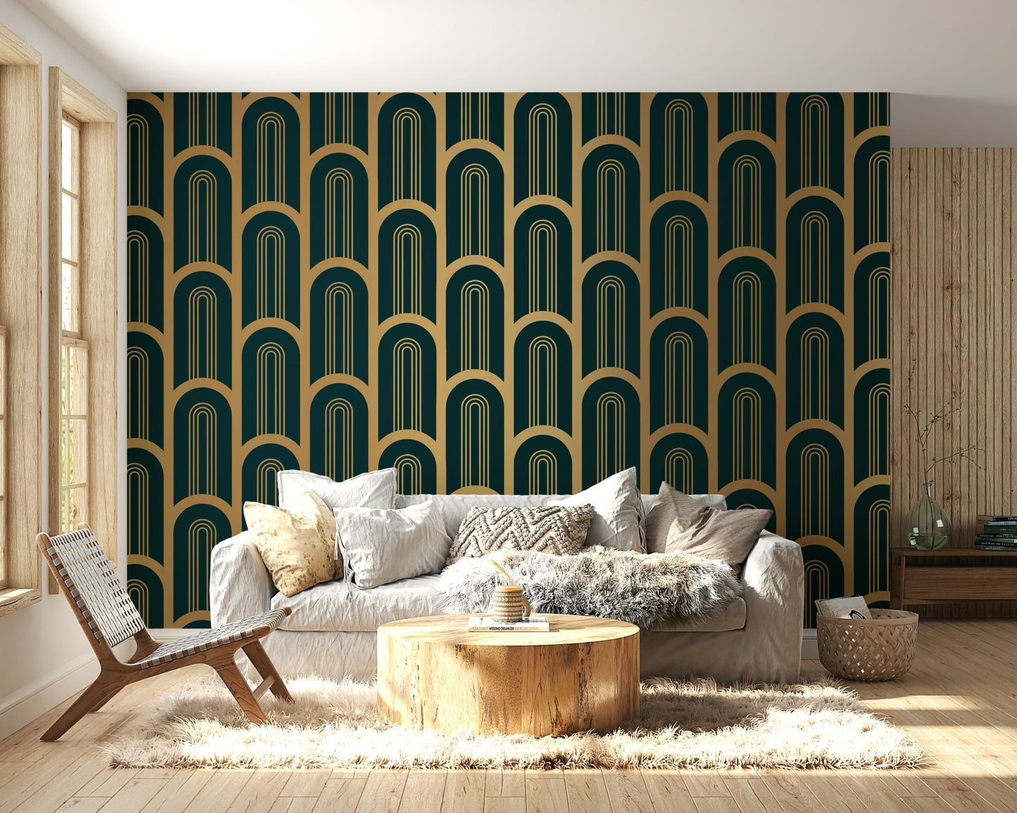 Luxurious cyan and gold Art Deco geometric mural.

