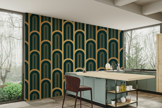 Art Deco wall mural with cyan and gold columns.


