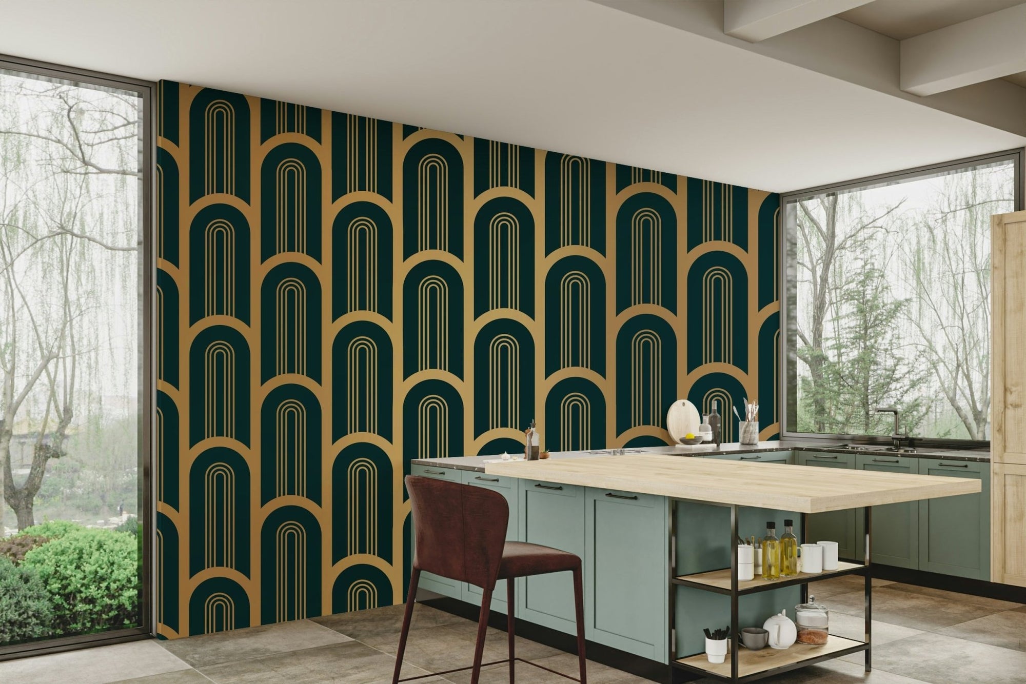 Art Deco wall mural with cyan and gold columns., GD1799