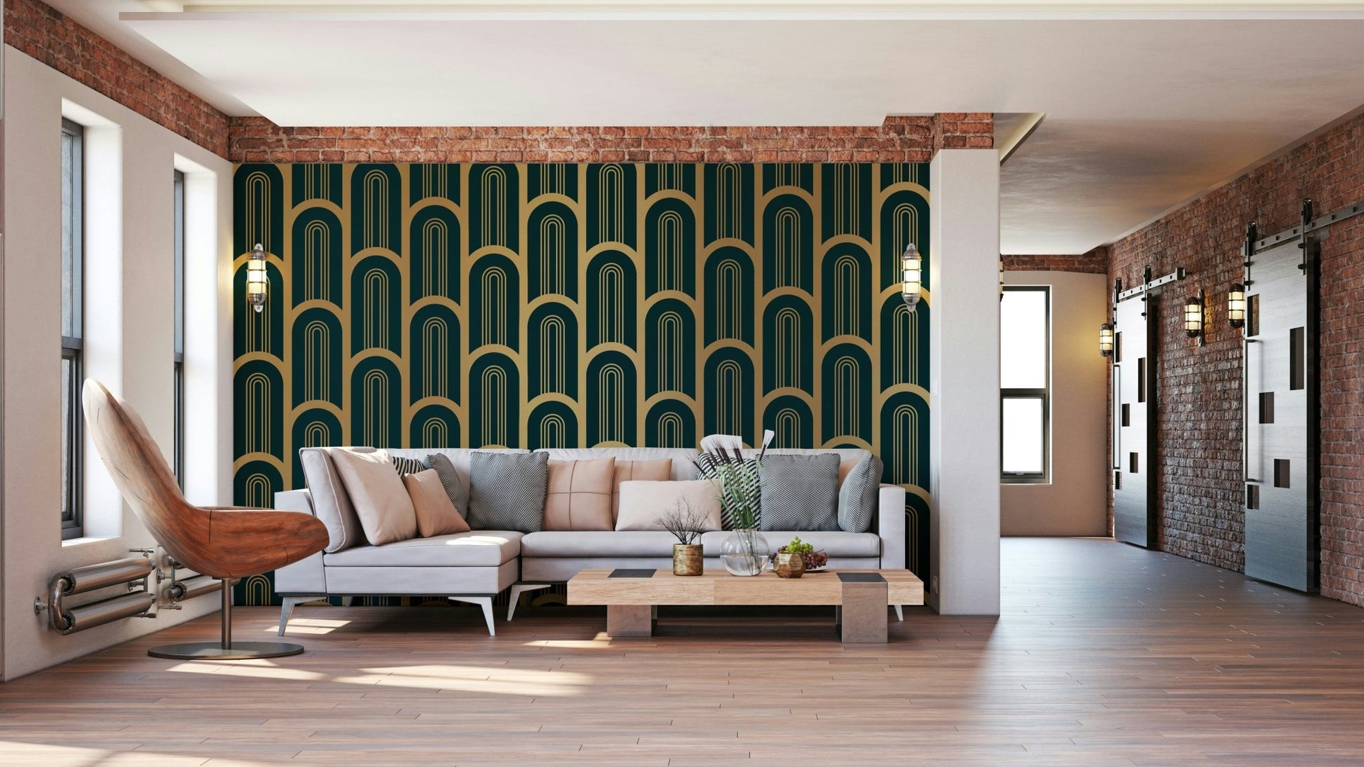 Sophisticated mural featuring gold-trimmed columns.


