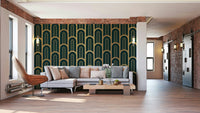 Sophisticated mural featuring gold-trimmed columns.

