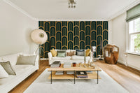 Geometric luxury mural in cyan and shimmering gold.

