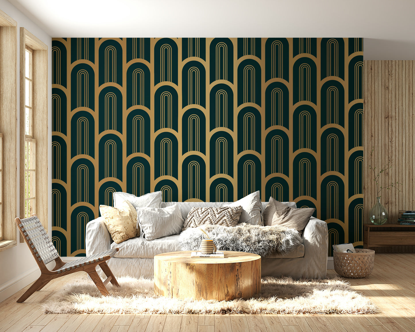 Luxurious cyan and gold Art Deco geometric mural.

