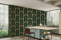 Art Deco wall mural with cyan and gold columns.

