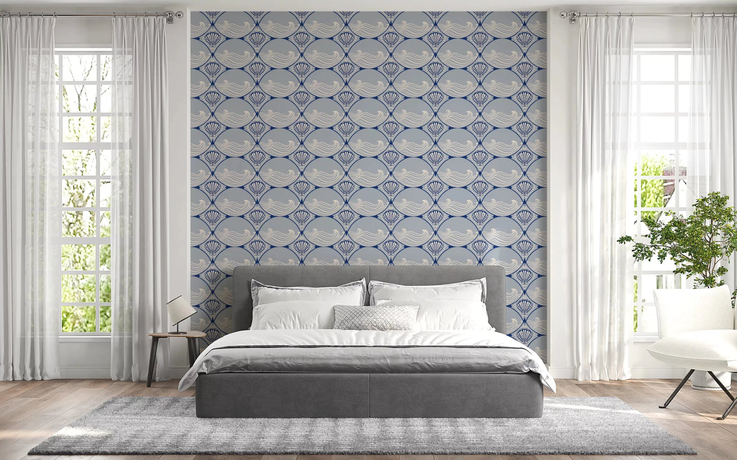 A stylish Bedroom  showcasing the vintage Art Deco Ocean Shells Wallpaper pattern.
