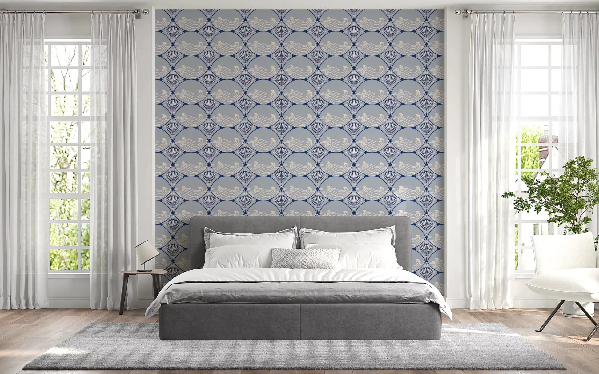 A stylish Bedroom  showcasing the vintage Art Deco Ocean Shells Wallpaper pattern.