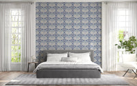 A stylish Bedroom  showcasing the vintage Art Deco Ocean Shells Wallpaper pattern.