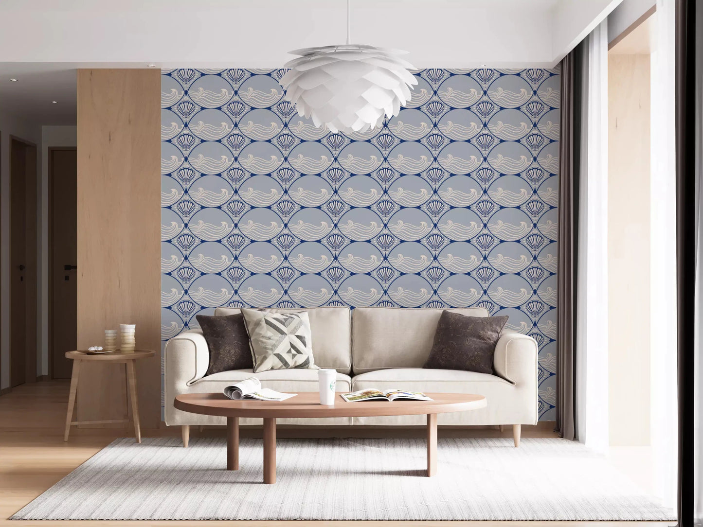 Living room decorated with the playful Art Deco Ocean Shells Wallpaper.