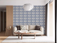 Living room decorated with the playful Art Deco Ocean Shells Wallpaper.