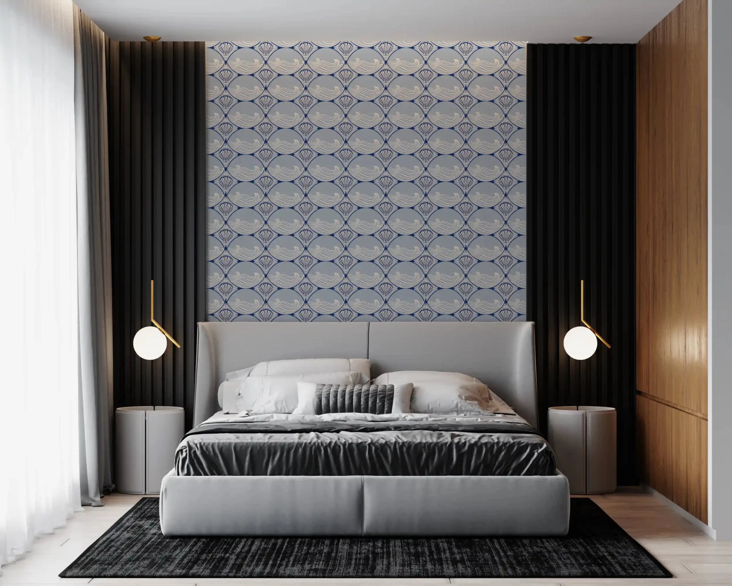 A serene bedroom backdrop created by installing the blue Art Deco Ocean Shells Wallpaper.