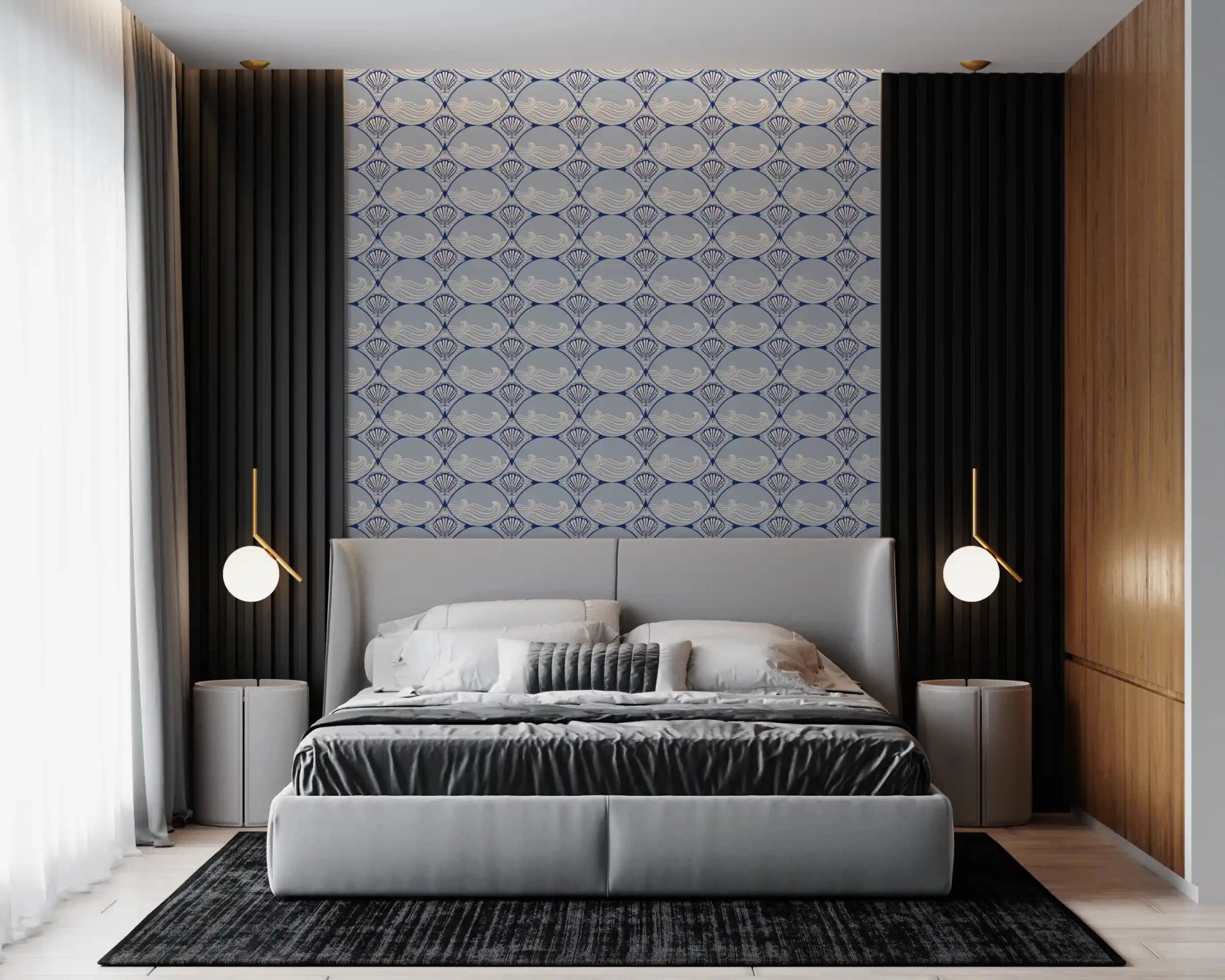 A serene bedroom backdrop created by installing the blue Art Deco Ocean Shells Wallpaper.