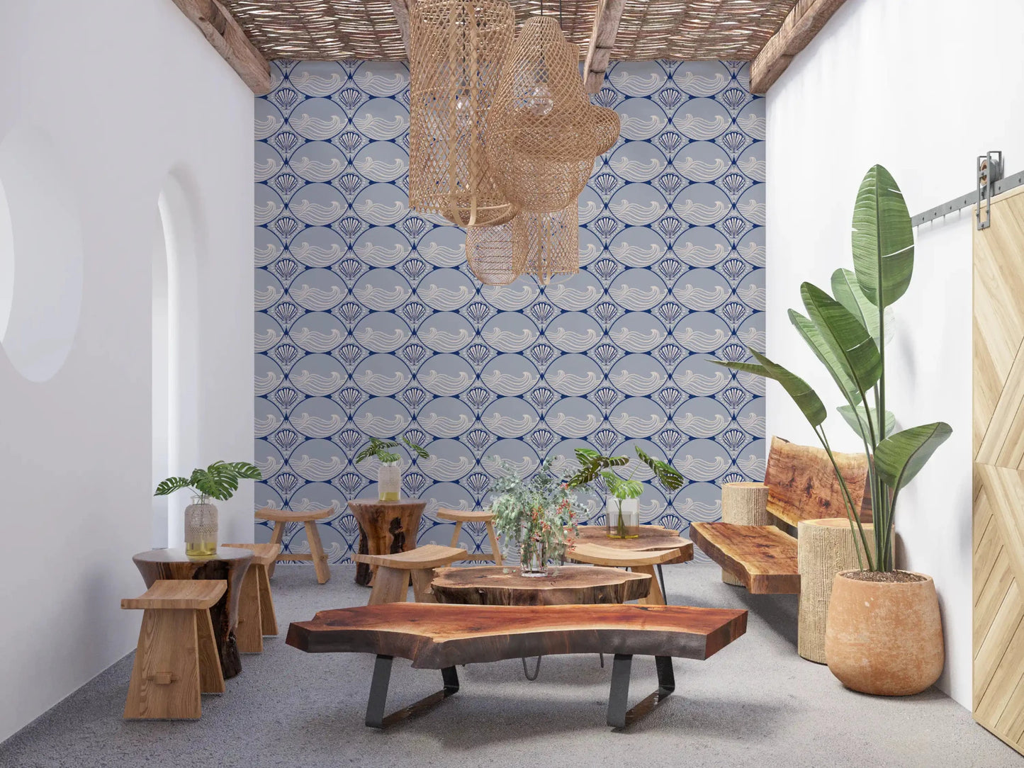 Wood Dining room  in a contemporary home featuring the Art Deco Ocean Shells Wallpaper.