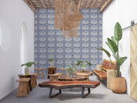 Wood Dining room  in a contemporary home featuring the Art Deco Ocean Shells Wallpaper.