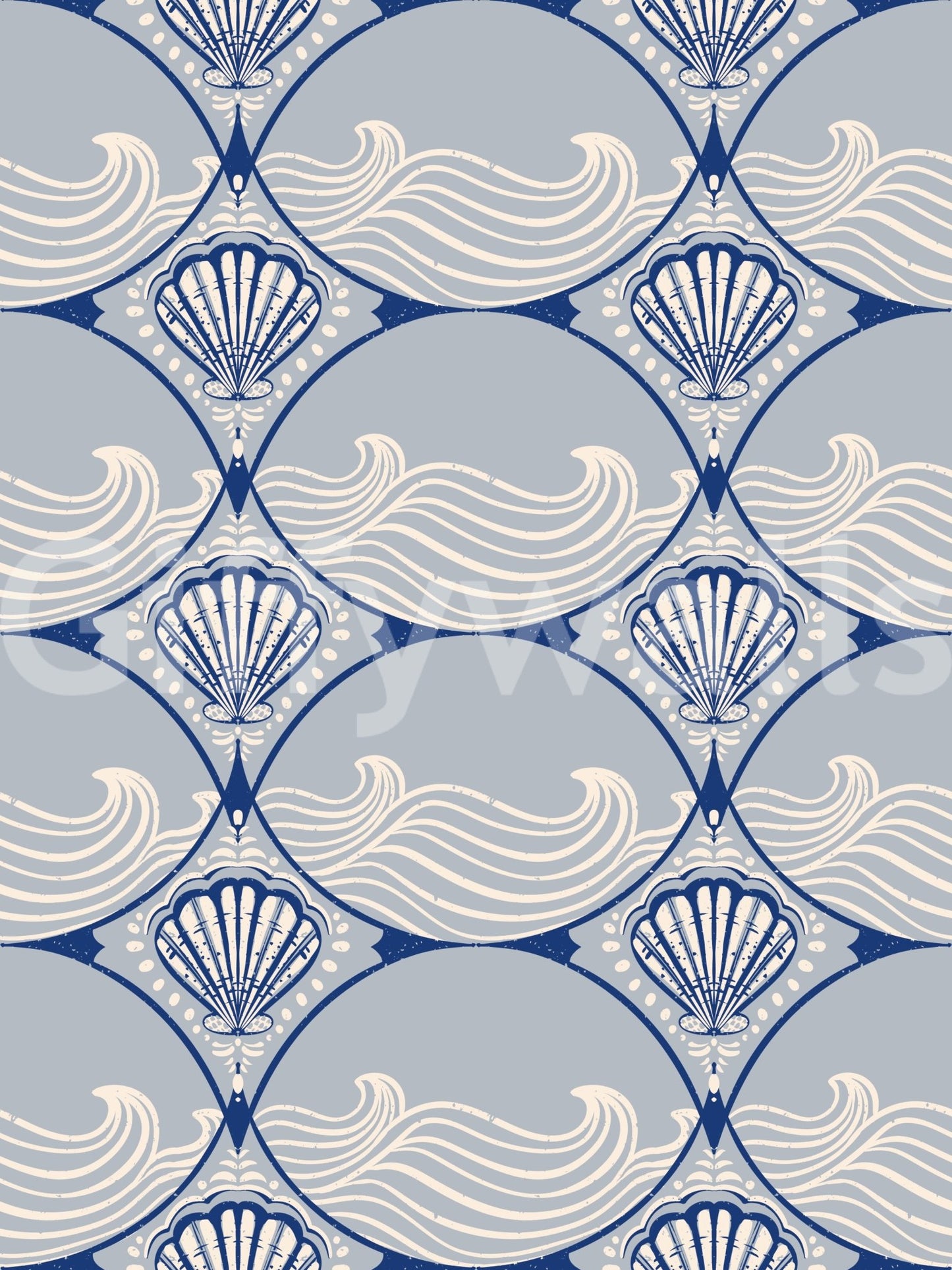 Geometric shell and wave motifs featured in this Art Deco Ocean Shells Wallpaper.