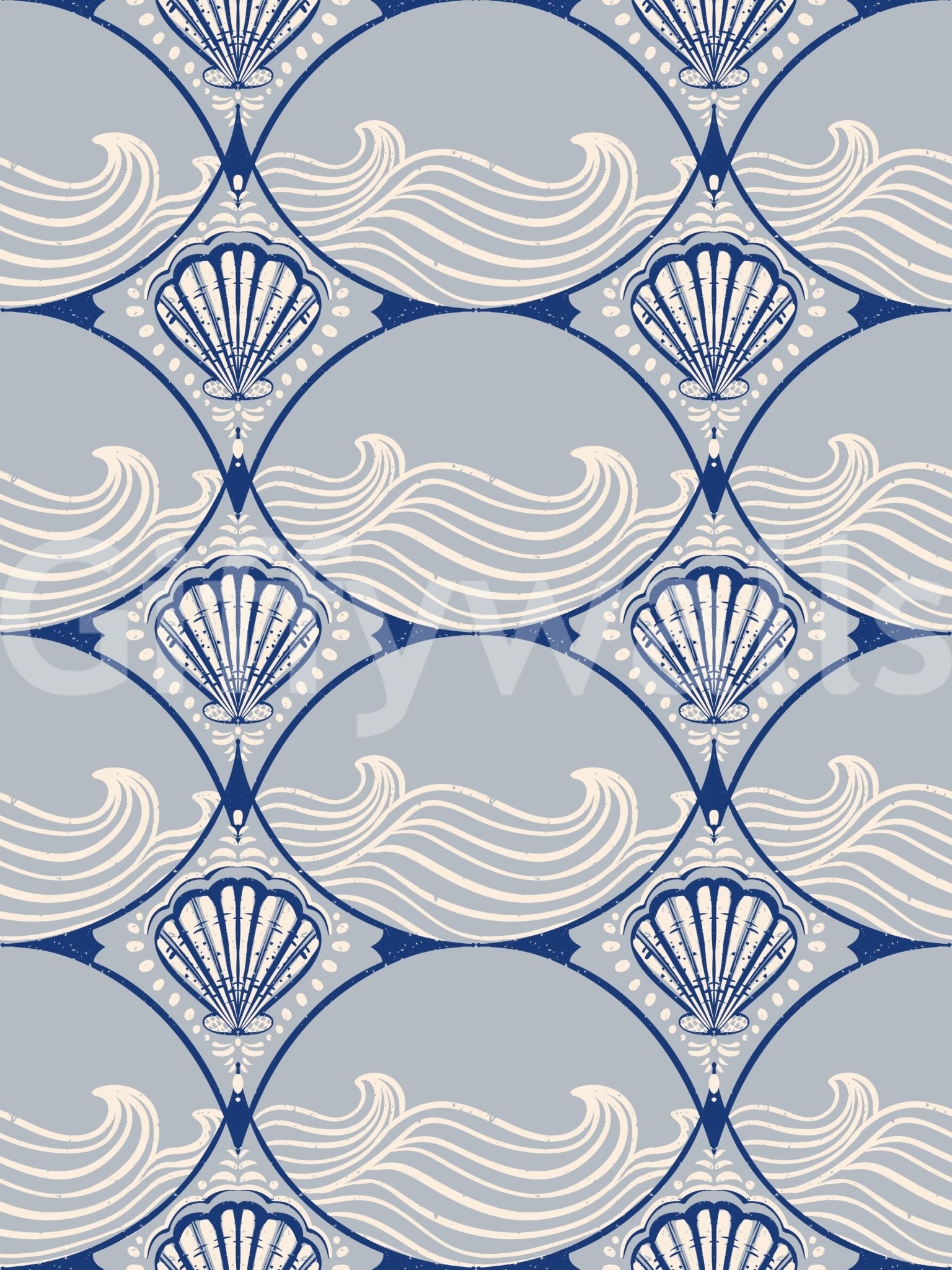 Geometric shell and wave motifs featured in this Art Deco Ocean Shells Wallpaper.