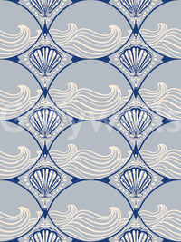 Geometric shell and wave motifs featured in this Art Deco Ocean Shells Wallpaper.