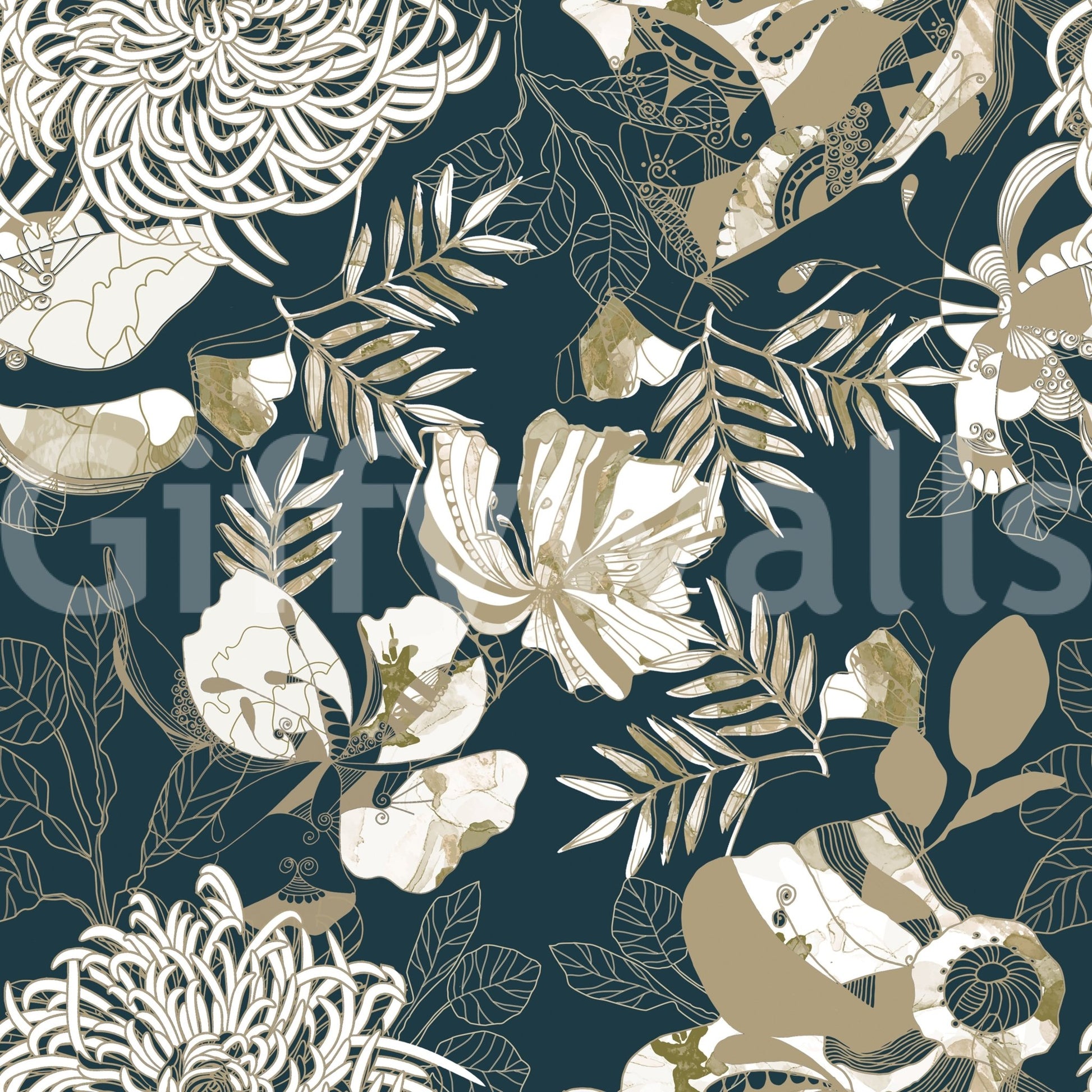 Botanical detailing gives Art Deco Teal Floral wallpaper a classic look