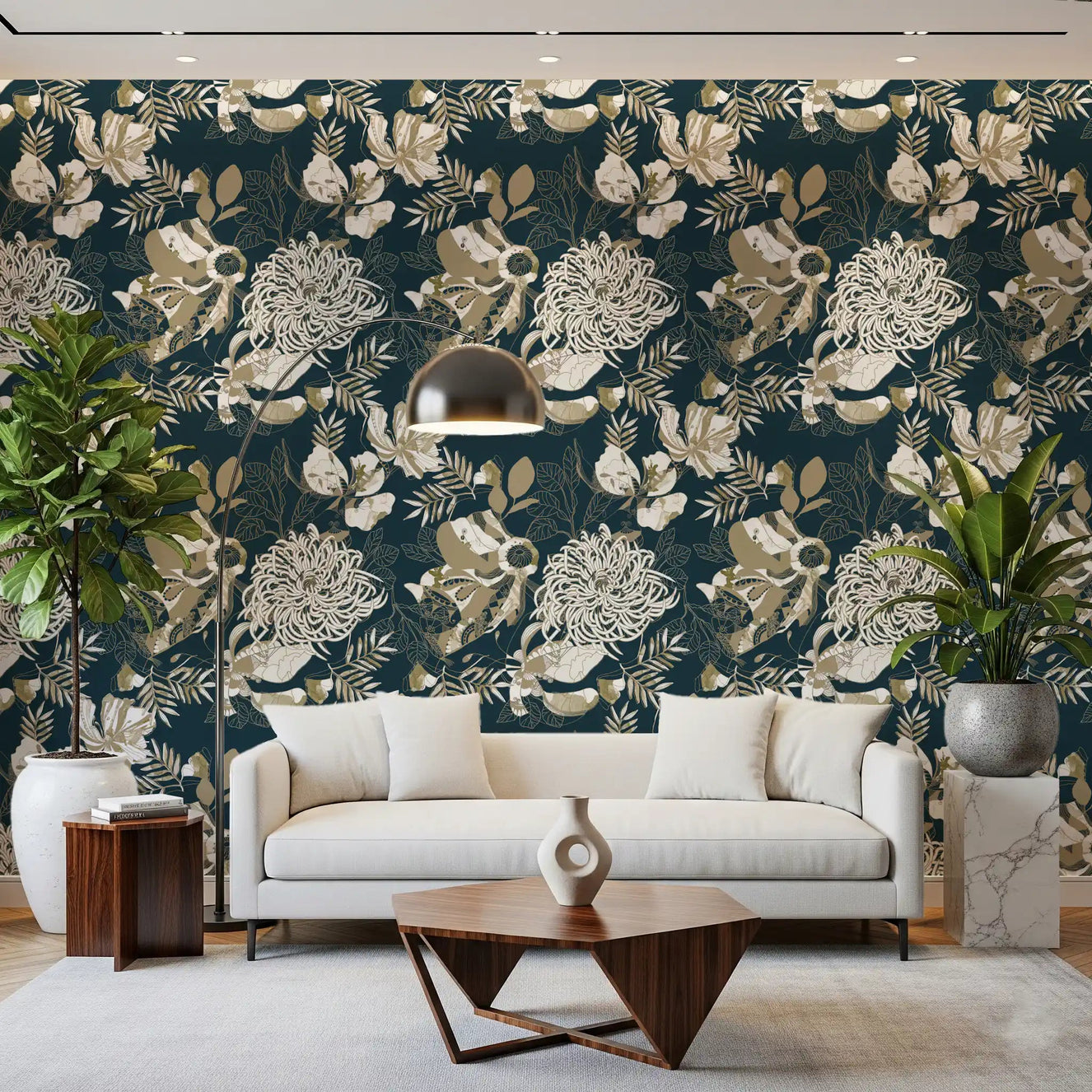 Rich contrast highlights Art Deco Teal Floral wallpaper with ivory flowers